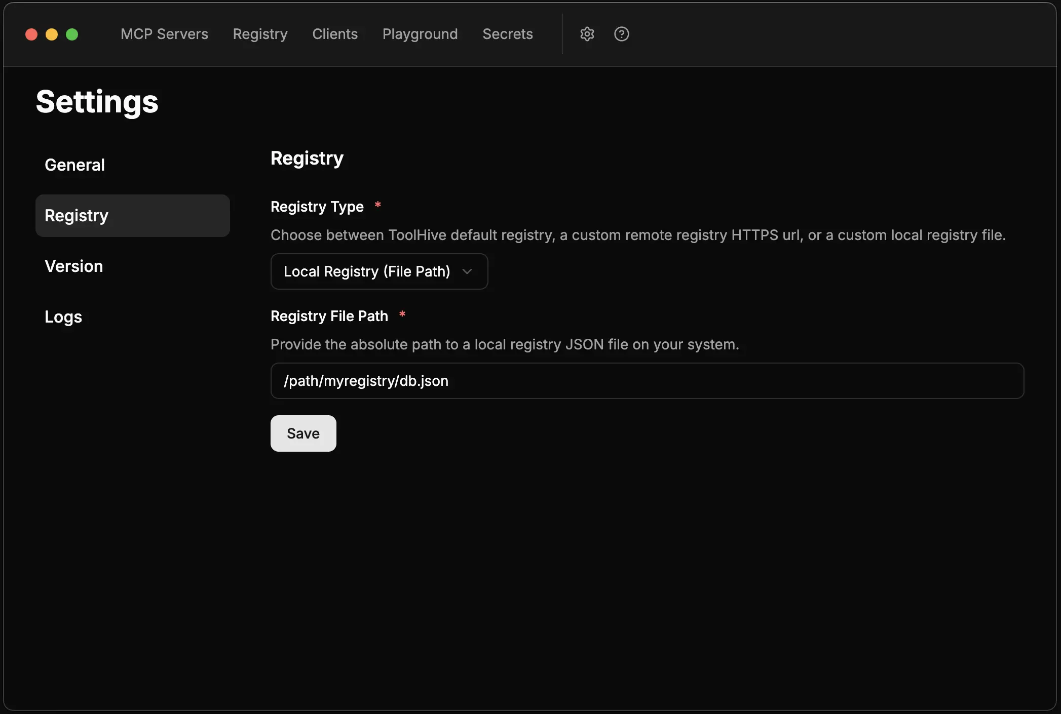 Local Registry configuration with file path input field Registry settings showing Local Registry File Path option selected with Registry File Path input field